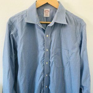 Brooks Brothers Button Front Shirt, Men's Blue and White Striped, Sz 16 1/2 33